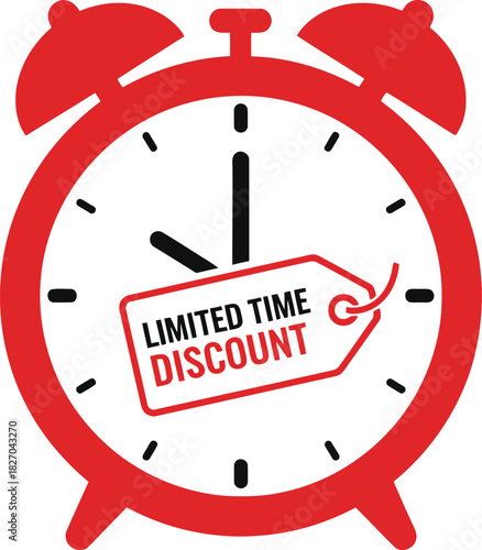 A red alarm clock features a discount tag that reads 