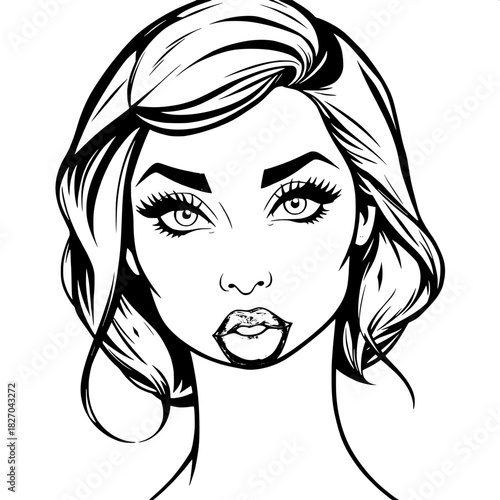 Stylized monochrome portrait of a woman with bold, sharply angled eyebrows, full, plump lips, and long, luxurious eyelashes, rendered in a clean, detailed comic-book aesthetic with subtle shading and 