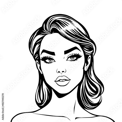 Stylized monochrome portrait of a woman with bold, sharply angled eyebrows, full, plump lips, and long, luxurious eyelashes, rendered in a clean, detailed comic-book aesthetic with subtle shading and 