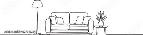Minimalist living room interior with sofa plant and lamp illustration