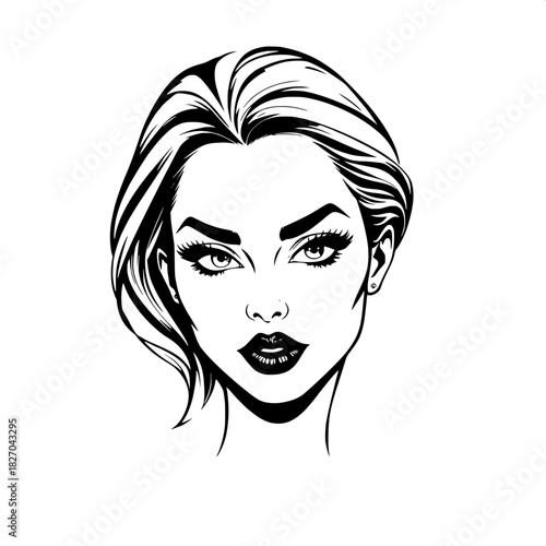 Stylized monochrome portrait of a woman with bold, sharply angled eyebrows, full, plump lips, and long, luxurious eyelashes, rendered in a clean, detailed comic-book aesthetic with subtle shading and 