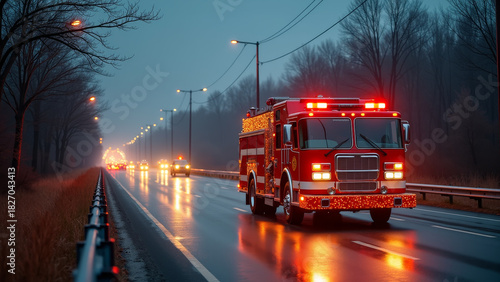 Festive firetruck at highway scene decorated with holiday lights and warm glow on road