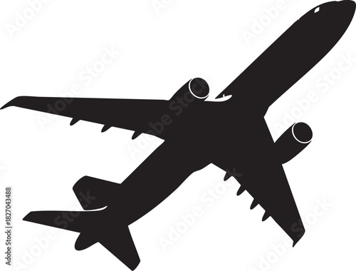 Isolated black silhouette shows an airplane with dual engines climbing on a transparent backdrop