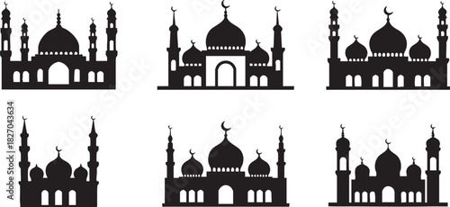 Mosque silhouette set iconic religious architecture for Islamic landmarks buildings