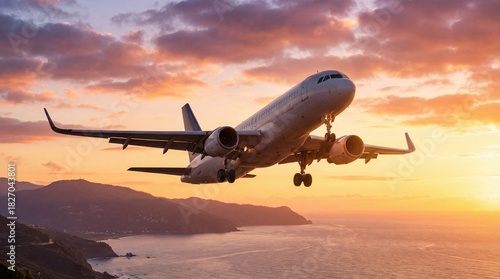 A commercial airplane landing over a coastal area during a vibrant sunset with mountains in the background
