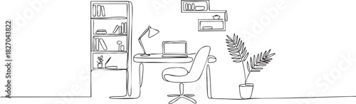 One line drawing of home office design with desk and chair
