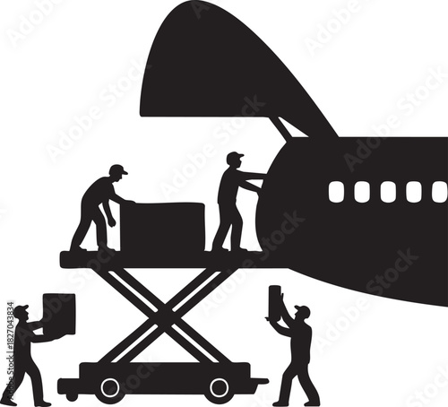 Silhouette depicts workers unloading boxes from a plane using a scissor lift for transport