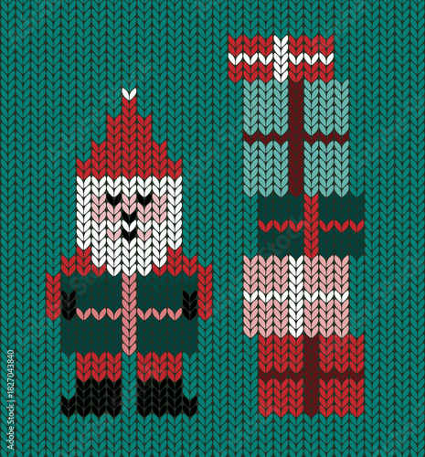 Stranded colourwork knitting Santa Claus with Christmas presents.