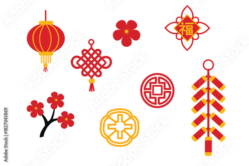 Festive Chinese decorative icons, red gold palette, minimal flat vector