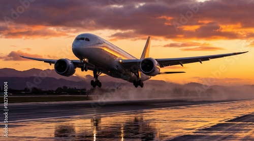 A large commercial airplane taking off from a runway during a vibrant sunset with mountains in the background