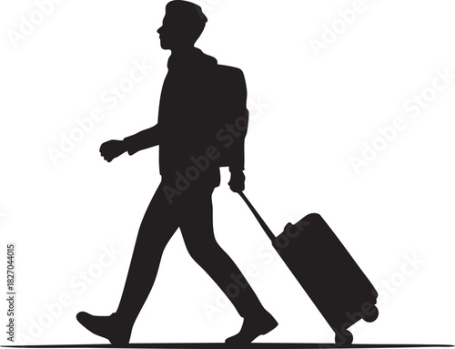 Silhouette man carrying suitcase walks with backpack against a white background in monochrome