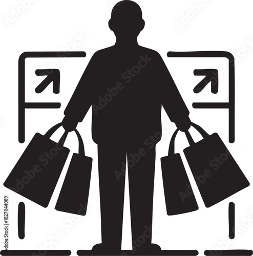 Silhouette man holds two shopping bags next to exit signs on transparent background