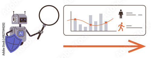 AI robot uses magnifying glass to examine bar and line graph with user data and trends. Ideal for data analysis, technology, artificial intelligence, insights, user behavior, research, simple flat