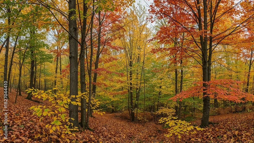 Fototapeta premium Colorful autumn forest with vibrant green, yellow, and red leaves, tall trees, and a leaf-covered ground.