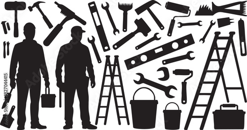 Silhouetted construction workers and tools depicting tradesman service and handyman job