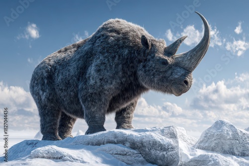 Majestic Woolly Rhino Amidst Snow-Capped Rocks in a Frozen Ice Age Landscape