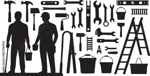 Silhouette of workmen with tools and construction equipment on white background