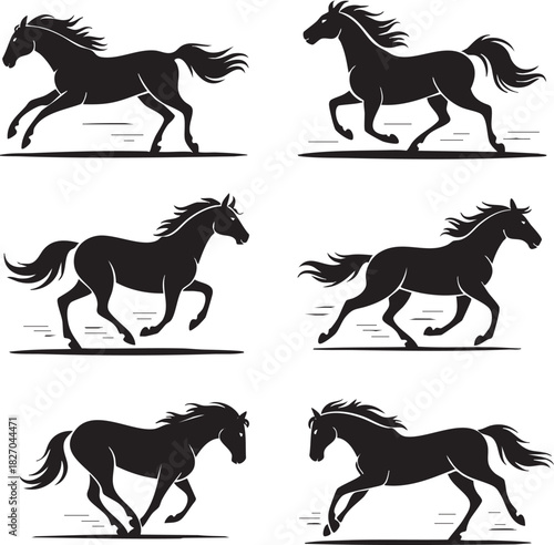 Silhouetted horses running in different gaits graphic illustration set