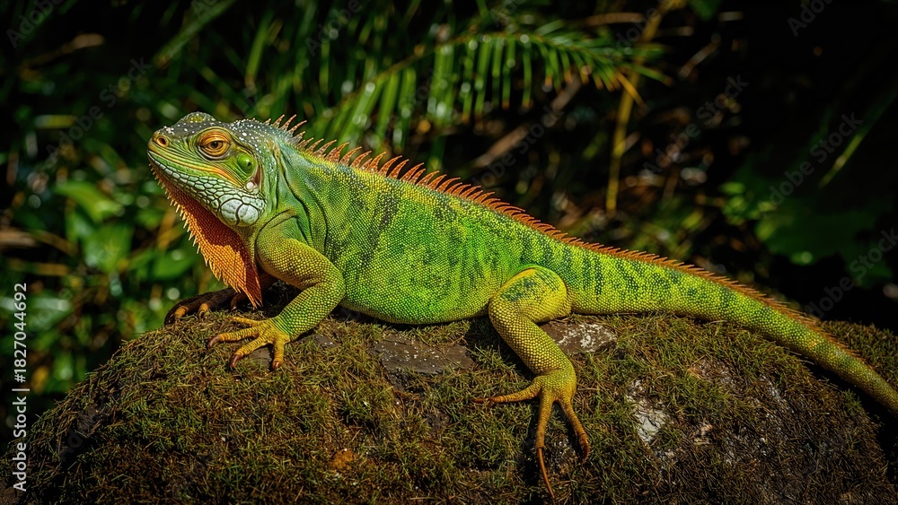 Fototapeta premium Green iguana resting on a rock in a lush jungle environment.