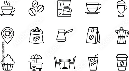 Coffee Shop, Cafe, and Beverage Outline Icons Drinks, Beans, Brewing Equipment, Dessert, and Caffeine Symbols for Restaurant and Break Time