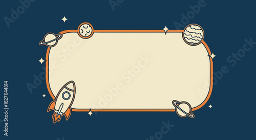 Retro space frame with planets, rocket and stars for messages, announcements, or invitations that