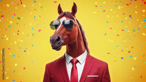 Portrait of a horse in a red suit and sunglasses against a yellow background, festive mood, confetti. 2026 symbol - Red Horse