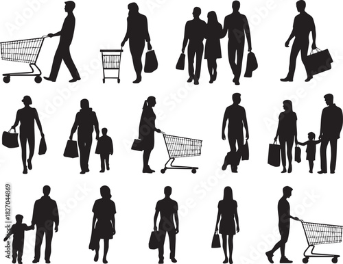 Silhouettes of shoppers carrying bags and pushing carts for design elements