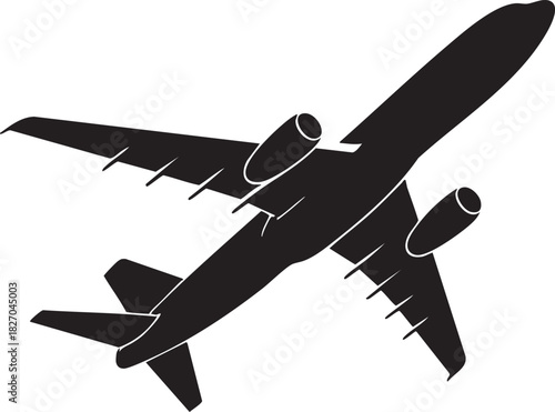 A silhouette of a commercial airplane shows it ascending powerfully across the clear sky