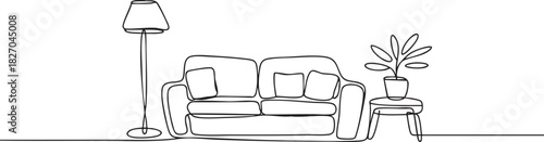 Simple One Line Drawing of Cozy Living Room Interior Illustration