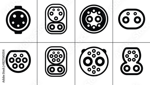 Electric Vehicle Charging Plugs and Connectors Icons EV Technology, Power Socket, Mobility, Infrastructure, and Different Standards for Automotive Energy