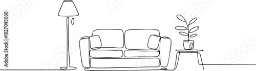 Single line drawing of living room interior with sofa lamp plant