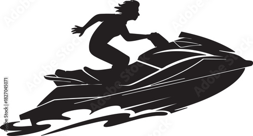 A silhouetted person speeds across water atop a jet ski, with transparent background