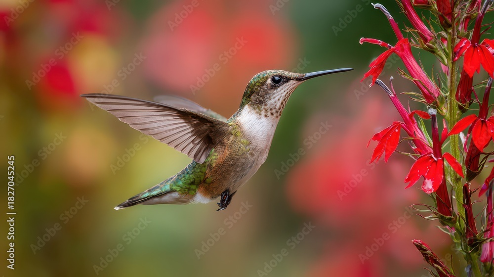 Fototapeta premium Ruby-Throated Hummingbird Mid-Flight Sipping Nectar from Vibrant Lobelia Cardinalis in a Serene Backyard Setting