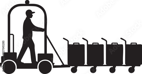 An airport worker in black silhouette transports luggage carts with electric tow tractor