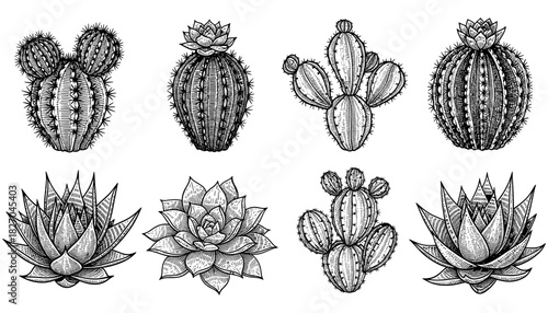 Hand drawn cactus and succulent collection: vintage botanical art with intricate details