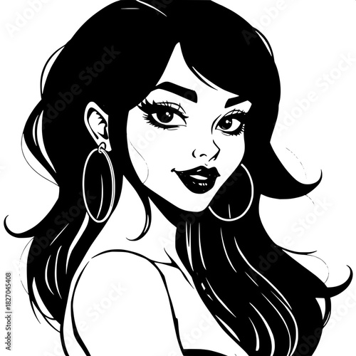 A high-contrast black and white vector illustration of a young woman with flowing dark hair that cascades down her back in loose waves, and oversized hoop earrings that accentuate her heart-shaped fac