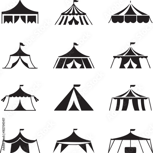 Variety of Silhouette Circus Tent Icons on White Background Art