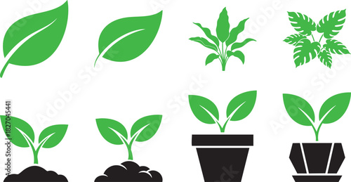 Plant Icons Set leaf plant, small potted plant, seedling, tropical plant, flower plant,,