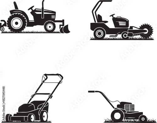 Vector set of different types of agricultural machinery and mowers