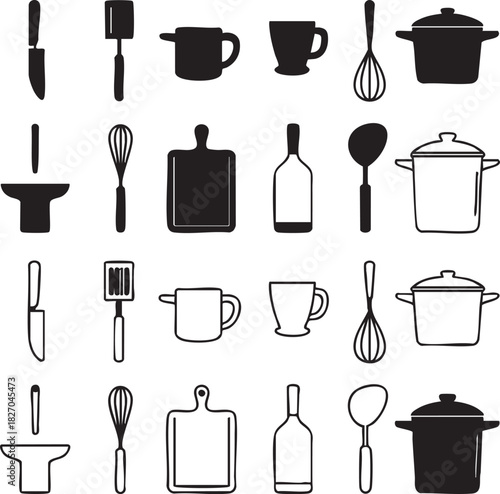 Assorted kitchen utensils, including cookware, cutlery, and tableware, are shown in monochrome shades on white