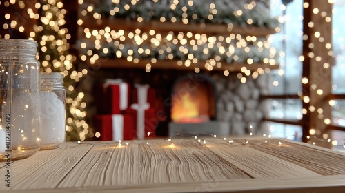 A wooden tabletop is in focus, while colorful lights and gifts create a joyful holiday setting in the background