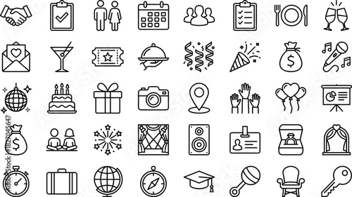 Events, Party, Travel, and Celebration Outline Icons Wedding, Business, Education, Holidays, and Entertainment Symbols for Planning and Joyful Occasions