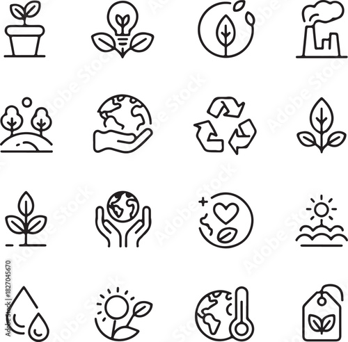 Climate Change Icons. Outline icon set of climate change and severe weather: melting glacier, rising sea
