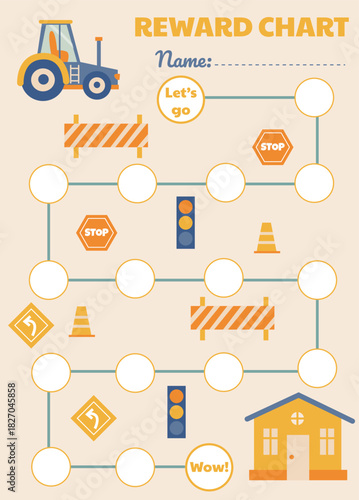 Goal achievement tracker for boys with construction vehicles in bright colors