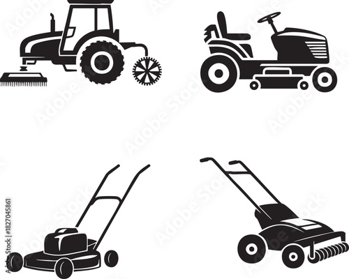 Black silhouette of various lawn care and garden equipment on white background
