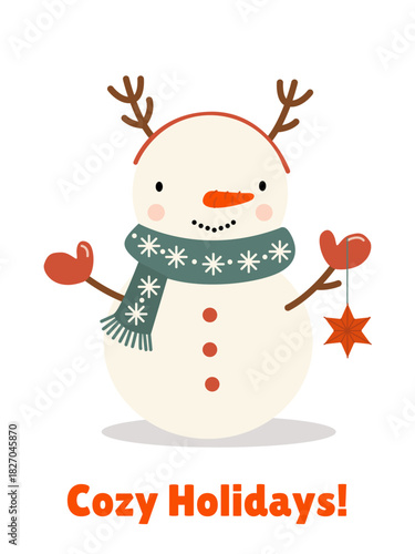 A funny snowman with a scarf and deer antlers on his head, holding a Christmas tree decoration in his hands.