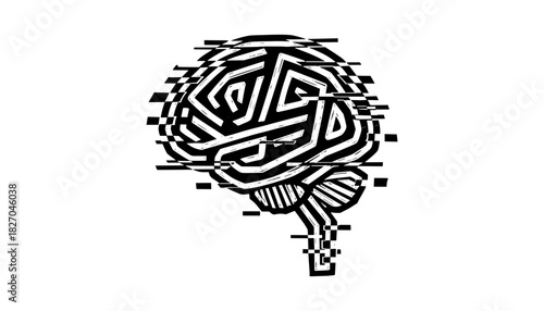 Digital glitch brain design in monochrome for modern tech concepts