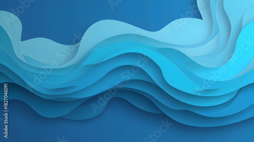 Blue papercut waves flow across canvas. Soft shadows create dimension. Useful for website headers, digital posters, or branding.