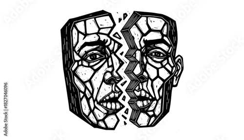Abstract fragmented faces in geometric mosaic design