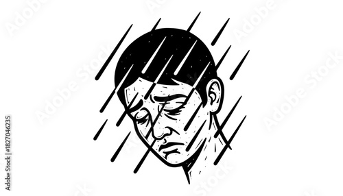 Black and white depiction of sadness in rain with hand-drawn expression